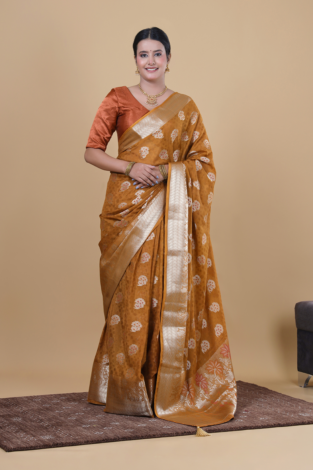 Golden Pure Georgette Saree with Zari Border